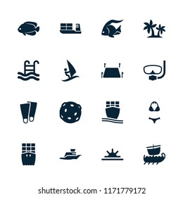 Sea icon. collection of 16 sea filled icons such as fish, sun rise, cargo ship, ship, land territory, swimming pool, water military. editable sea icons for web and mobile.