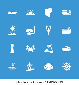 Sea icon. collection of 16 sea filled icons such as crab, lighthouse, underwater mask, helm, land territory, jet ski, water military. editable sea icons for web and mobile.
