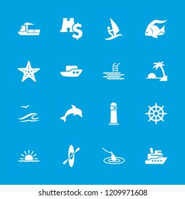 Sea icon. collection of 16 sea filled icons such as fish, boat, ship, helm, rowing, binoculars with dollar sign, lighthouse, pool. editable sea icons for web and mobile.