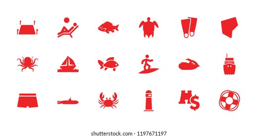 Sea icon. collection of 18 sea filled icons such as octopus, fish, crab, land territory, boat, jet ski, submarine. editable sea icons for web and mobile.