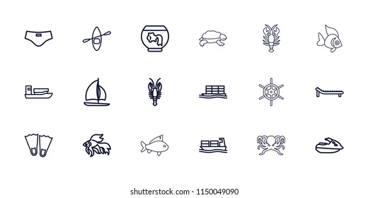 Sea icon. collection of 18 sea outline icons such as crab, fish, ship, flippers, aquarium, cargo ship, sailboat, jet ski, sunbed. editable sea icons for web and mobile.