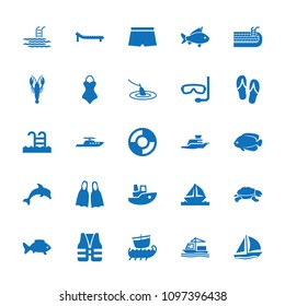 Sea icon. collection of 25 sea filled icons such as crab, fish, cargo ship, ship, boat, swimming pool, lifebuoy, sunbed, flippers. editable sea icons for web and mobile.