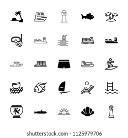 Sea icon. collection of 25 sea filled and outline icons such as fish, windsurfing, island, man swim wear, shell, submarine, lighthouse. editable sea icons for web and mobile.