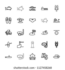 Sea icon. collection of 25 sea outline icons such as crab, fish, boat, pool, underwater mask, binoculars with dollar sign, palm, avenue. editable sea icons for web and mobile.