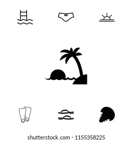 Sea icon. collection of 7 sea filled and outline icons such as island, flip flops, swimming ladder, sun rise, man swim wear. editable sea icons for web and mobile.