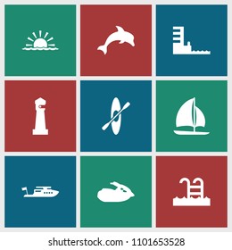 Sea icon. collection of 9 sea filled icons such as lighthouse, boat, harbor, swimming pool, sailboat, jet ski, rowing, dolphin. editable sea icons for web and mobile.