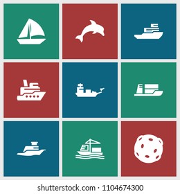 Sea icon. collection of 9 sea filled icons such as sailboat, ship, cargo ship, dolphin, boat. editable sea icons for web and mobile.