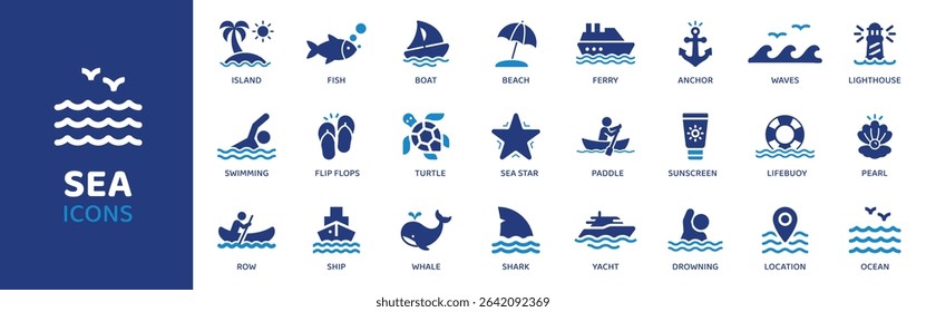 Sea - Icon Collection. Thin Line Set contains such Icons as Sea, Ocean, Wave, Fish, Shark, Whale, Coral and more. Simple web icons set.
