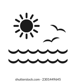 Icono del mar. Diseño del sol, olas y gaviotas sobre un fondo blanco.