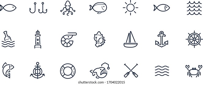 Sea icon. Fish icon. Wave icon. Sailboat icon.