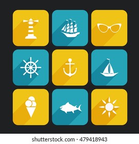 Sea icon in flat style with shadow, vector.