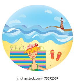 Sea icon with girl on the beach and lighthouse