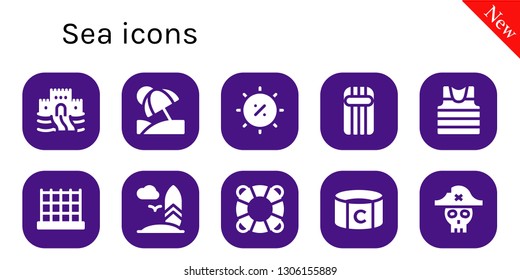 sea icon set. 10 filled sea icons.  Collection Of - Sand castle, Vacation, Summer, Inflatable, Sailor, Net, Surfboard, Lifesaver, Captain, Pirate