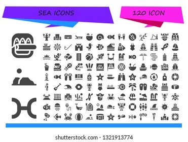 sea icon set. 120 filled sea icons.  Collection Of - Fish, Pisces, Desert, Lobster, Sand castle, Float, Beach, Coconut water, Shell, Binoculars, Water, Shrimp, Fishing, Viking