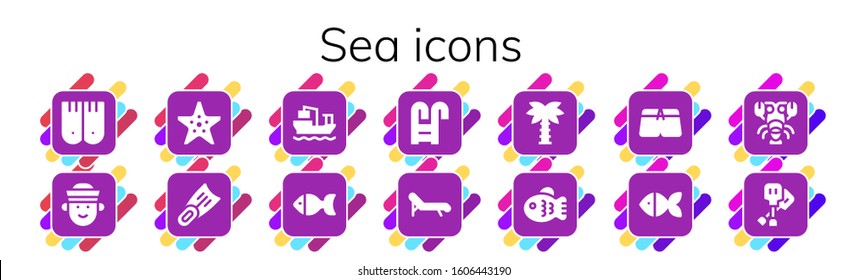 sea icon set. 14 filled sea icons.  Simple modern icons such as: Flippers, Sailor, Starfish, Fins, Cargo ship, Fish, Swimming pool, Deck chair, Palm tree, Swimsuit, Lobster, Paddles