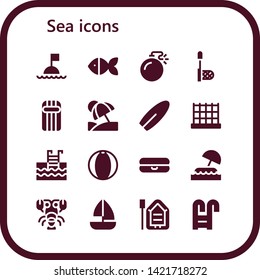sea icon set. 16 filled sea icons.  Collection Of - Buoy, Fish, Bomb, Net, Inflatable, Vacation, Surfboard, Swimming pool, Beach ball, Float, Island, Lobster, Sailboat, Boat