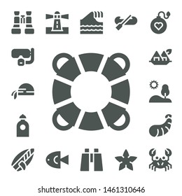 sea icon set. 17 filled sea icons.  Collection Of - Binoculars, Dive, Pirate scarf, Lifesaver, Water, Seaweed, Hill, Shrimp, Surfboard, Lighthouse, Fish, Tsunami, Kayak, Starfish