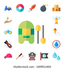 sea icon set. 17 flat sea icons.  Simple modern icons about  - ship, water, binoculars, boat, bomb, fishing, kite, pirate scarf, float, net, fish, pirate, pirate flag, sand castle