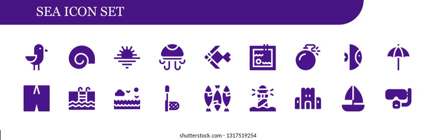 sea icon set. 18 filled sea icons.  Collection Of - Seagull, Shell, Sunset, Jellyfish, Fish, Swimming pool, Bomb, Beach umbrella, Swimsuit, Swimming, Sea, Net, Lighthouse, Sand castle