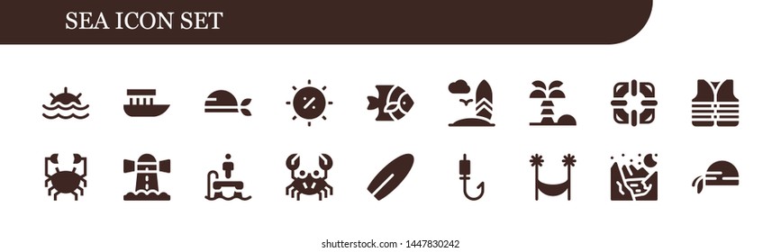 sea icon set. 18 filled sea icons.  Simple modern icons about  - Sunset, Boat, Pirate, Summer, Fish, Surfboard, Coconut tree, Lifesaver, Lifejacket, Crab, Lighthouse, Flyboard