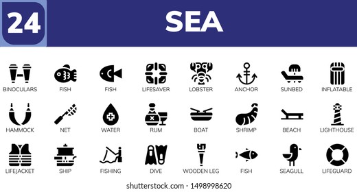 sea icon set. 24 filled sea icons.  Collection Of - Binoculars, Fish, Lifesaver, Lobster, Anchor, Sunbed, Inflatable, Hammock, Net, Water, Rum, Boat, Shrimp, Beach, Lighthouse