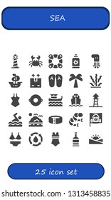 sea icon set. 25 filled sea icons.  Collection Of - Lighthouse, Crab, Lifesaver, Sun cream, Octopus, Ship, Shipping, Slippers, Palm tree, Seaweed, Swimsuit, Float, Boat, Cargo ship