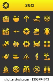 sea icon set. 26 filled sea icons.  Simple modern icons about  - Sailboat, Lifesaver, Coconut water, Beach umbrella, Sunbed, Helm, Glacier, Swordfish, Ship, Beach ball, Squid