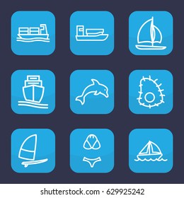 Sea icon. set of 9 outline sea icons such as cargo ship, boat, swimsuit, dolphin, extinct sea creature, sailboat, windsurfing