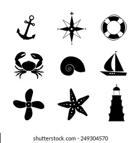 Sea icon set anchor, wind rose, lifebuoy, crab, shell, ship, propeller, starfish, lighthouse