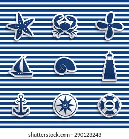 Sea icon set anchor, wind rose, lifebuoy, crab, shell, ship, propeller, starfish, lighthouse