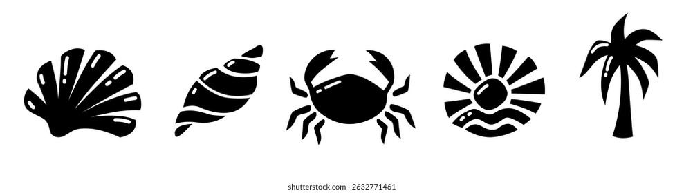 Sea Icon Set with Beach Silhouettes in Black. Includes Seashells, Crab, Sun and Palm for Summer Design, Ocean Illustration or Nautical Logo Elements.