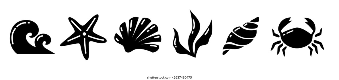 Sea Icon Set with Beach Silhouettes in Black. Includes Seashells, Crab, Star, Wave for Summer Design, Ocean Illustration or Nautical Logo Elements.