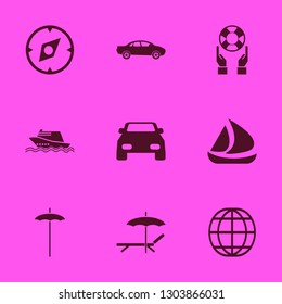 sea icon set with chaise lounge umbrella, motor yacht and beach umbrella vector illustration