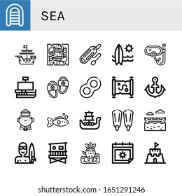 Seeigel-Ikone-Set. Kollektion aufblasbares Boot, Schiff, Makerel, Rettungsröhre, Surfbrett, Schnorchel, Caravel, Hausschuhe, Schwimmer, Schatzkarte, Anker, Seeleute, Fisch, Battleship, Fins-Symbole