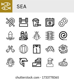 sea icon set. Collection of Sardines, Inflatable boat, Hydrotherapy, Sand bucket, Summer, Floats, Squid, Surfer, Tree cricket, Inflatable, Mosquito coil, Paddles, Beach ball icons