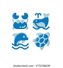 Sea icon set with Crab, Whale, Dolphin And Turtle, Vector Illustrations.