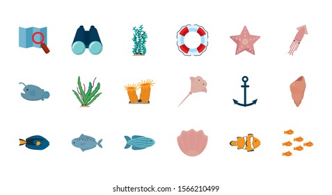 Sea icon set design, Ocean nature beach underwater aquarium and marine theme Vector illustration