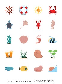 Sea icon set design, Ocean nature beach underwater aquarium and marine theme Vector illustration