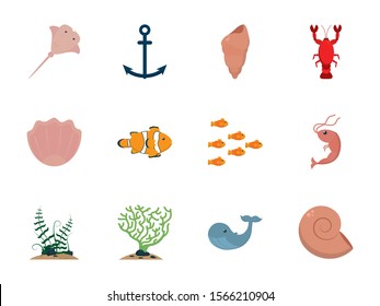 Sea icon set design, Ocean nature beach underwater aquarium and marine theme Vector illustration