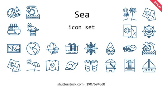 sea icon set. line icon style. sea related icons such as snail, turtle, lighthouse, earth globe, pool, ship, water, boat, tsunami, sand, global warming, walrus, beach, rudder, iceberg, flip flops, map