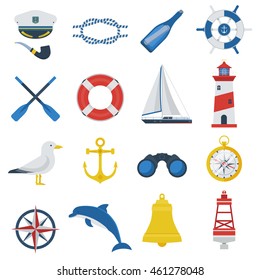 Sea icon set. Nautical vector elements collection. Marine adventure equipment. Captain cap, lighthouse, dolphin, sail ship, anchor, seagull, crab, compass and other sea travel symbols. Marine icons.