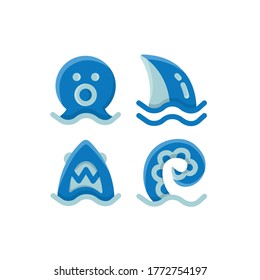 Sea icon set with Octopus, Tentacle, Shark Fin And Shark, Vector Illustrations.