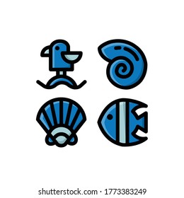Icono marino con gaviota, pescado, concha y concha, Ilustraciones vectoriales.