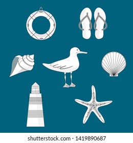 sea icon set with seagull, shells, sea star, lighthouse, life buoy, beach slippers