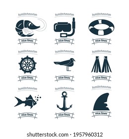sea icon set with shark fin, scuba mask, shrimp. fish, crayfish. sea icon set with shark fin, scuba mask, shrimp. fish, crayfish. sea icon set with shark fin, scuba mask, shrimp. fish, crayfish. 