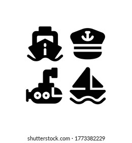 Sea icon set with Ship, Sailboat, Submarine And Captain Hat, Vector Illustrations.