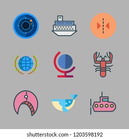 sea icon set. vector set about crab, reflection, planet earth and submarine icons set.