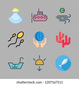 sea icon set. vector set about boat, sperm, oyster and sunset icons set.