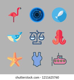 sea icon set. vector set about whale, radar, flamingo and submarine icons set.