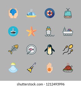 sea icon set. vector set about cable car cabin, oyster, fish and broom icons set.